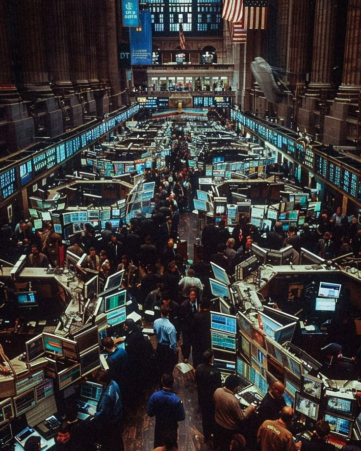 A crowded exchange trading floor seen from above, rows of screens under tall columns and flags
