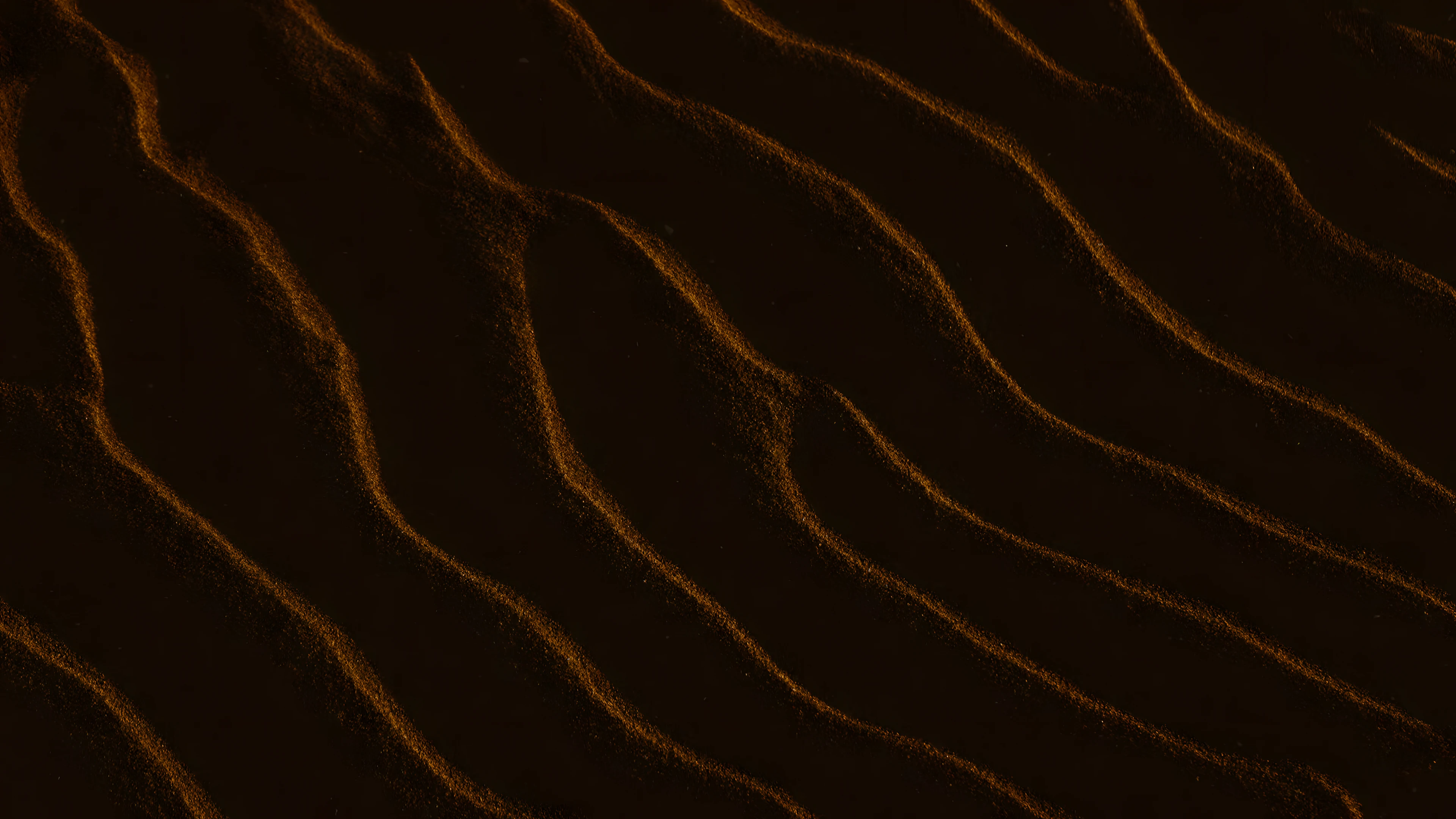 Ripples in dark sand, their crests lit gold by low light